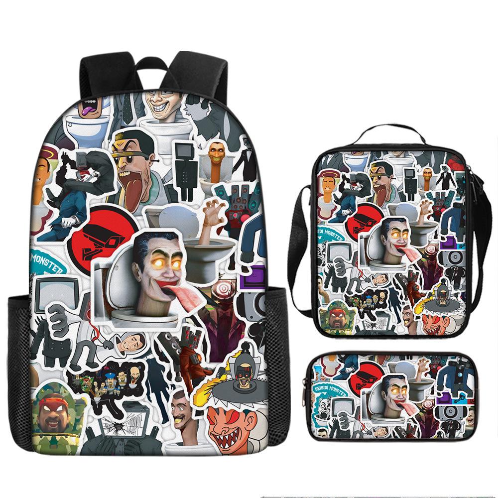 Toilet Man Backpack Trendy Backpack European and American Retro Schoolbag Cartoon Backpack Three-piece Set