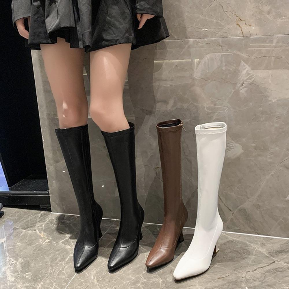 Women High Boots Fashion Pointed Toe Ladies Elegant Square High Heel Long Boots Short Plush Women Square Toe High Stretch Boots