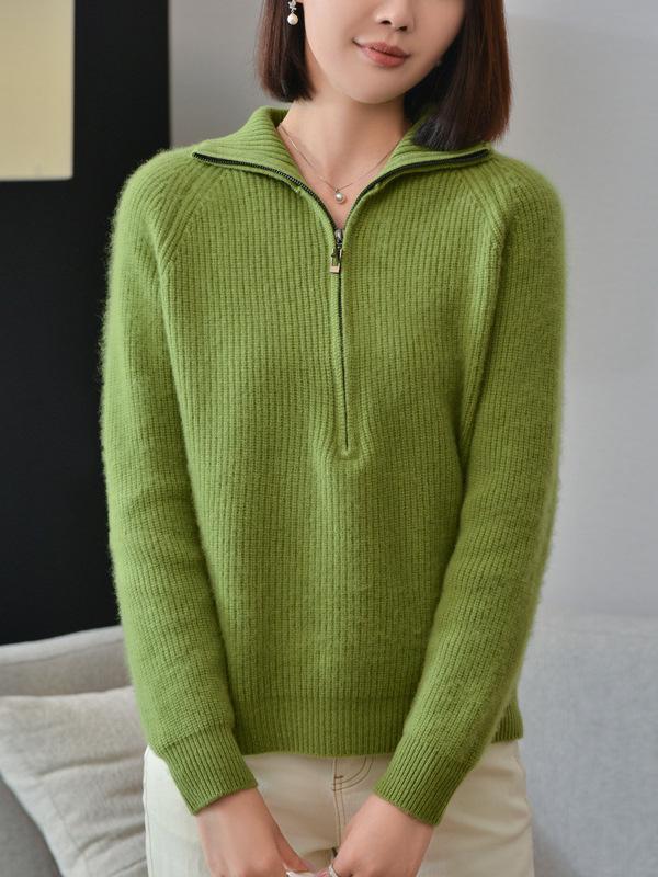 Women's Versatile Wool Half-Zip Stand Collar Sweater - Long Sleeve Knitwear for Autumn and Winter
