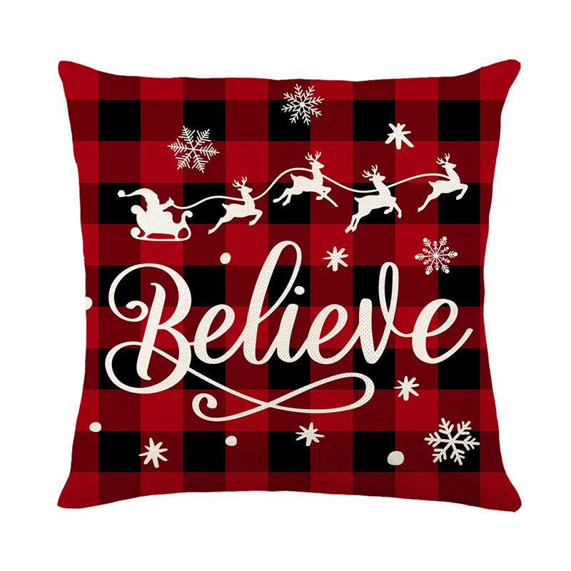 Christmas Red and Black Plaid Pillowcase Linen Print Christmas Tree Letter Cushion Cover Cushion Cover Christmas Atmosphere