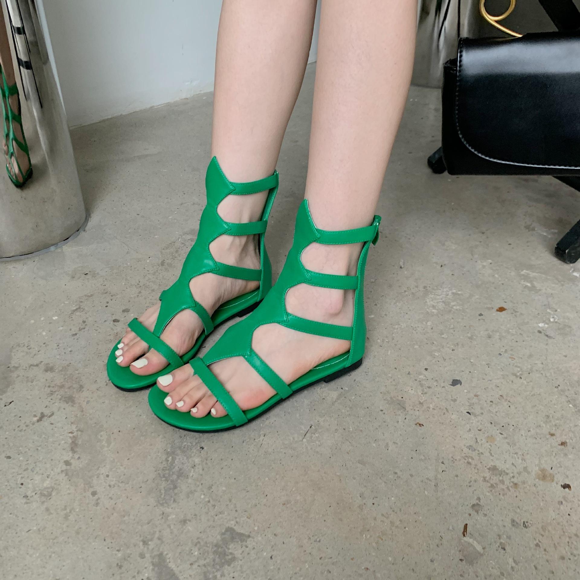 

Европейские и американские повседневные сандалии с открытым носком и плоской подошвой в римском стиле 2024 года, новые модные туфли с узором «зебра» для женщин на лето 42 зелёный