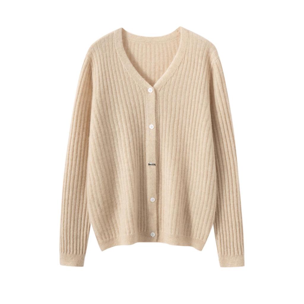 Women's 100% Cashmere V-Neck Ribbed Cardigan - Slimming, Versatile, and Warm Knit Sweater Coat
