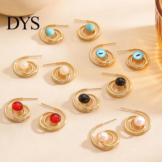 Golden Plated Earrings 1 Pair Women Hollow Spiral Design Multi-Color Lightweight Faux Gemstones Inlaid Electroplated Jewelry Accessories