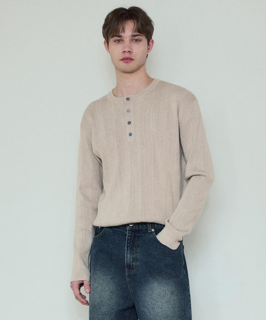 Wednesday Oasis Always Ribbed Henley Neck Washable Knit_Beige(Wc25_Kn04)