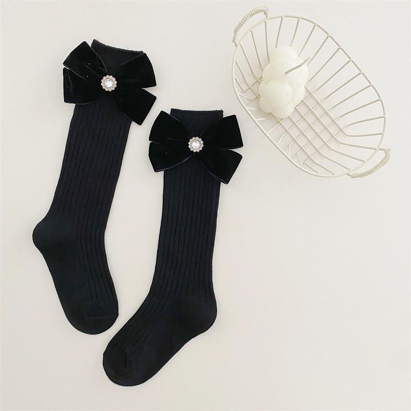 

Детские носки для девочек, роскошный дизайн, милые гольфы принцессы для маленьких девочек, весенне-осенние однотонные носки до середины икры с цветочным принтом и бантом L