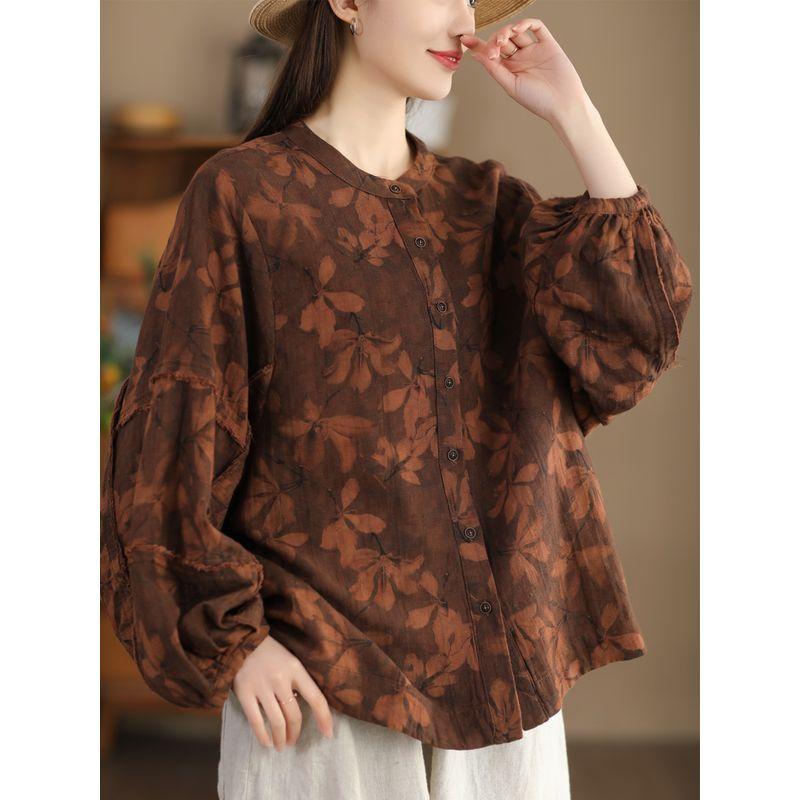 

Fried Color Print Yarn-Dyed 100% Cotton Shirt Female Graceful Stand Collar Lantern Sleeve Shirt Loose Artistic Long Sleeve Tops Spring Brown One size(Within the recommended 75.00kg)