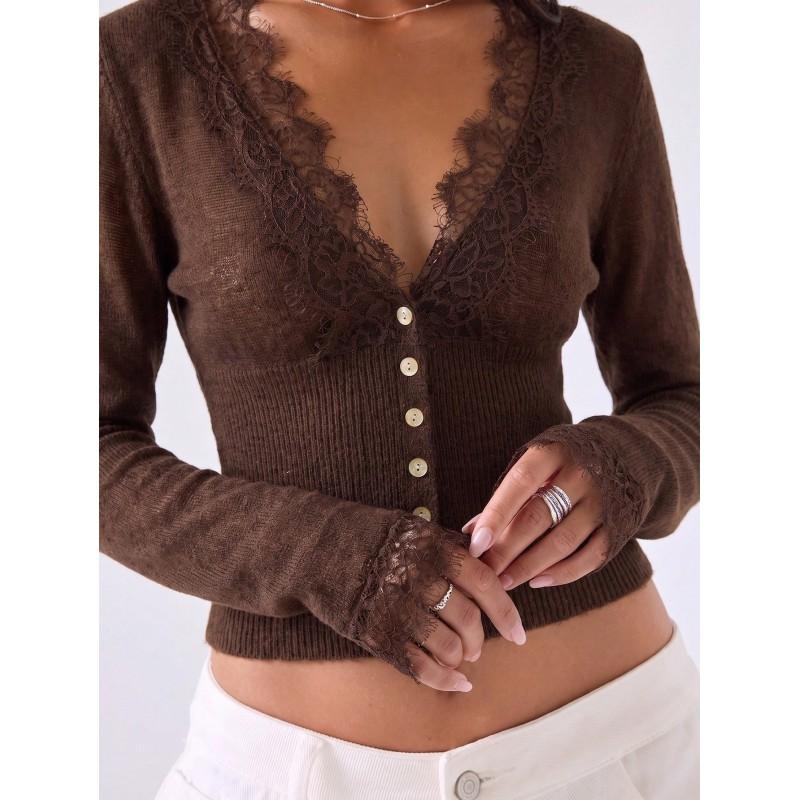 2026 Herbst Spitze Stricktop Damen Slim Fit V-Ausschnitt Langarm Pullover