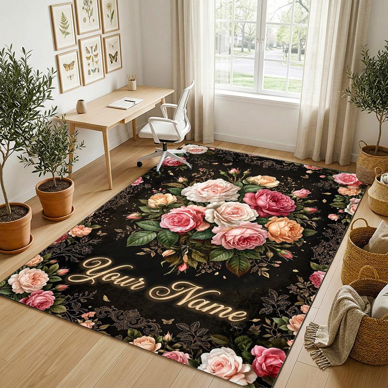 Floral Elegance Theme Soft Crystal Velvet Rug Custom Name & Text Print Non Slip Floor Rug for Bedroom Living Room