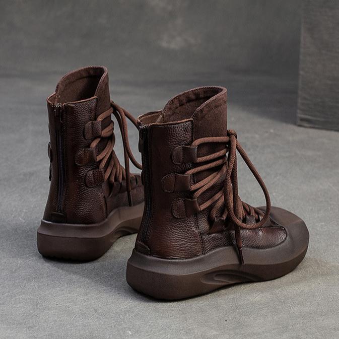 Johnature Botas retrô de cano médio com sola grossa e couro legítimo com cadarço, sapatos femininos