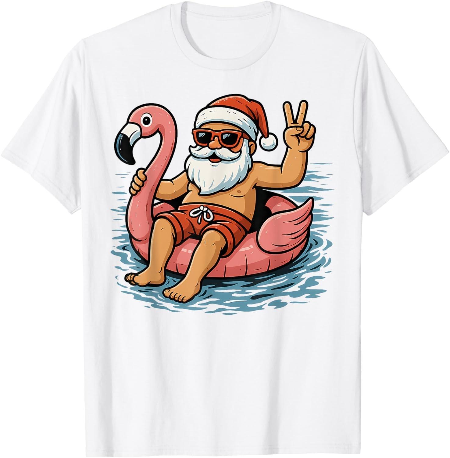 Christmas In July Santa Flamingo Summer Xmas Boys unisex T-Shirt Mens Womens Tees Top XL