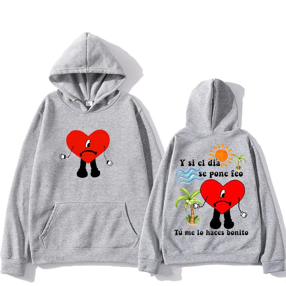 Bad Bunny Seda Hooded I Love You Graphic Printing Gothic Hip Hop Sweatshirt Long-sleeved Fleece Clothes Sudaderas Casual Hoody