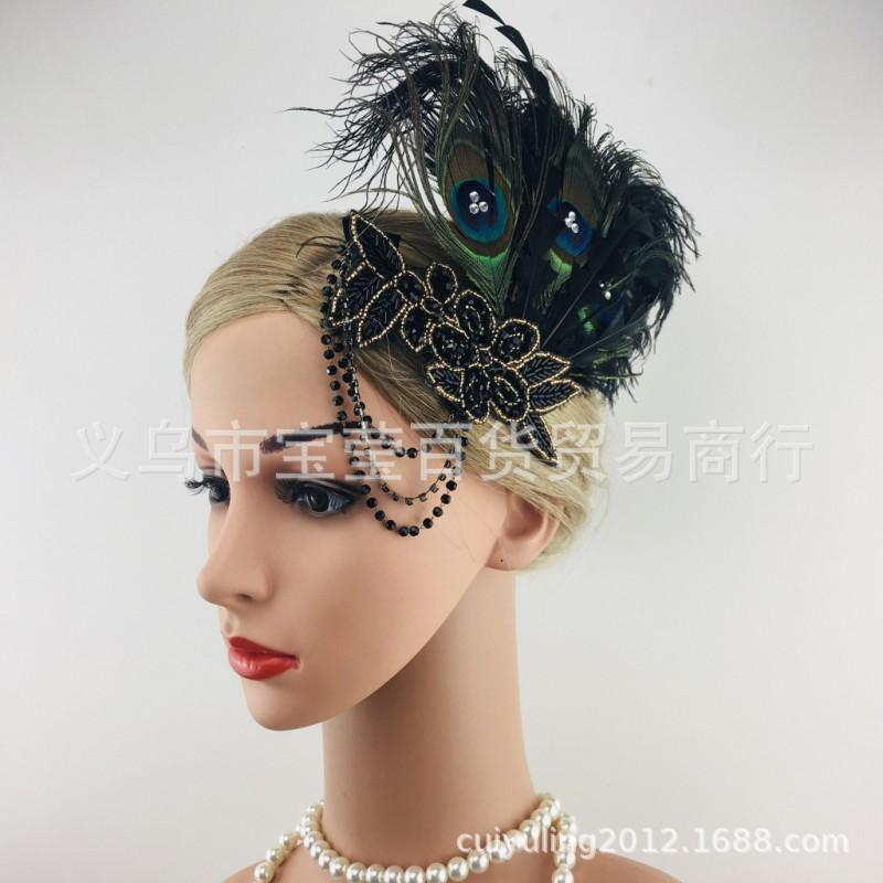Halloween Peacock Feather Hair Clip With Rhinestones Tassel Headband Women Costume Party Wedding Photoshoot 1920s Flapper