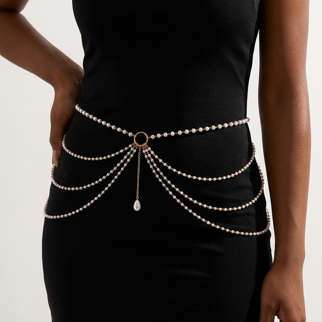 Multilayer Imitation Pearl Waist Chains For Women Metal Ring Tassel Belt Summer Fashion Dress Jeans Body Jewelry For Dance Party