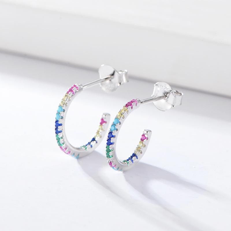 S925 Silver Inlaid Colored Zircon C-shaped Earrings Gold Plated Fine Cuff Hoop Stylish Trendy Design for Women Gift
