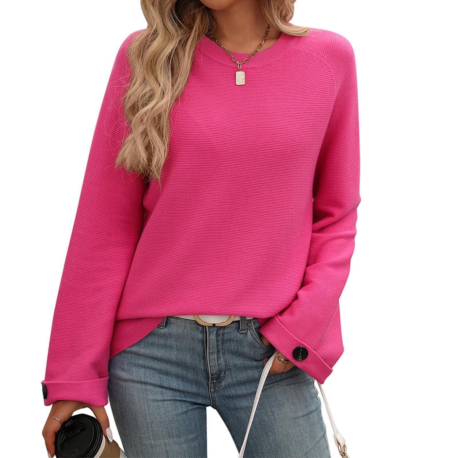 

Женская мода однотонный круглый вырез с пуговицами длинный рукав свитер топ L