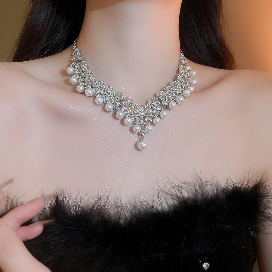 Elegant Rhinestone Faux Pearl Geometric Earrings & Necklace Set
