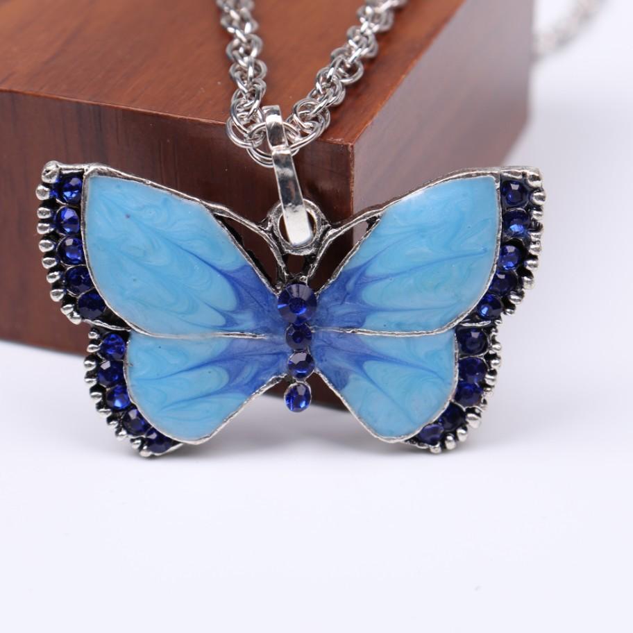 C180 Vintage Oil Drop Painted Inlaid Diamond Butterfly Necklace Alloy Fashion Long Sweater Chain Jewelry