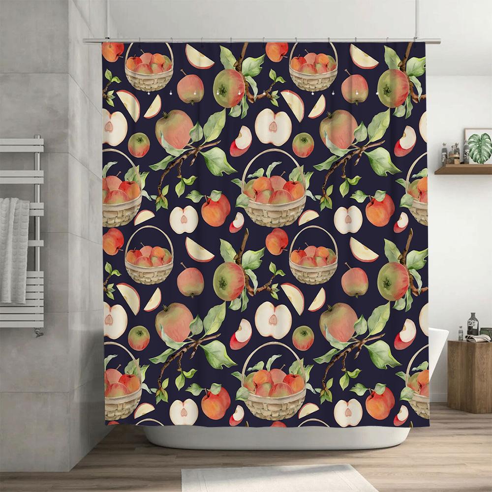 Fruit-Themed Shower Curtain Vintage Apples Design Waterproof Bathroom Decor Set Navy Blue Fabric With Fruit Illustrations 3D Pri
