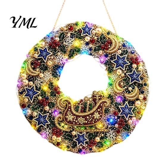 DIY Heimurlaubsdekoration Acryl Weihnachten Kunstperlen Aufhänge-Set, Beleuchteter Kranz 3D Perlen Bastelmalerei Set Kit mit LED-Lichterkette,