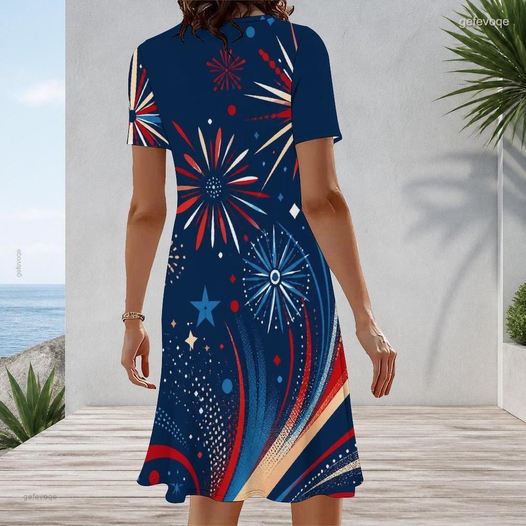 Women Plus Size Round Neck Short Sleeve Printed A Line Flared Hem Dress