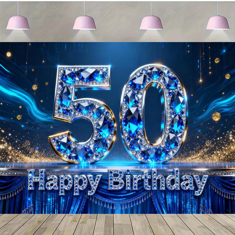 Alles Gute zum 50. Geburtstag mit Fotohintergrund zum Thema Blaue Edelsteine, Geburtstagsparty für Erwachsene, Familienfeier Dekoration Fotohintergrund