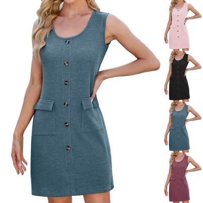 Women's Fashion Loose Solid Color Round Neck Button Pocket Sleeveless Vest Dresses