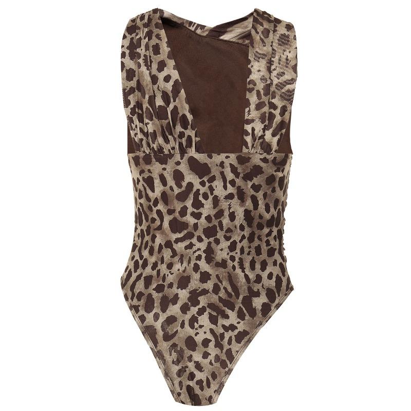 Leopard Print Asymmetrical Slim Fit Pleated Mesh Jumpsuits Women Sexy Rompers Street Fashion Sleeveless Women Bodysuits Casual Elegant Jumpsuit 26143