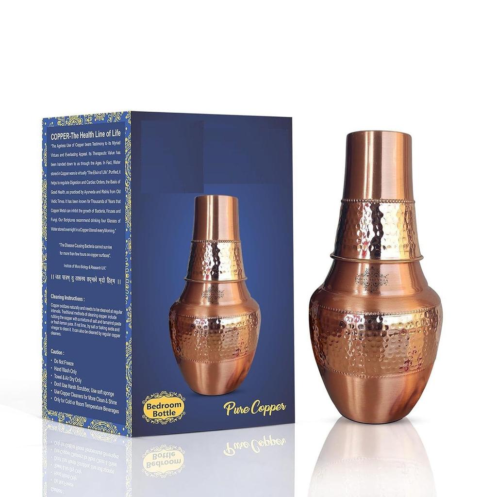 Pure Copper Printed Drinkware with Ayurvedic Health Benefits, Inbuilt Glass, Bedroom Water Bottle for Storage Purpose Set of 1