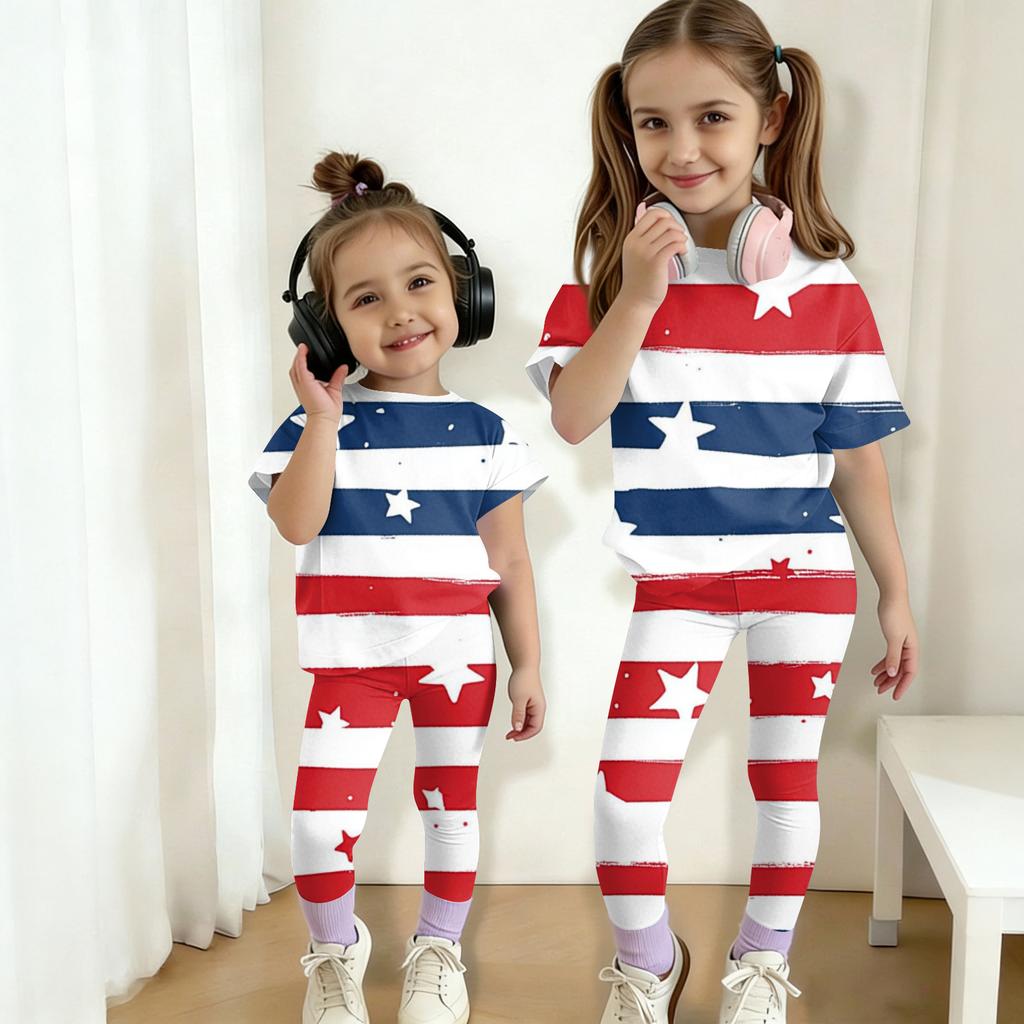 Kids Independence Day Outfit Set Short Sleeve Top and Long Pants Two Piece Casual Suit for Boys and Girls Comfortable Fit