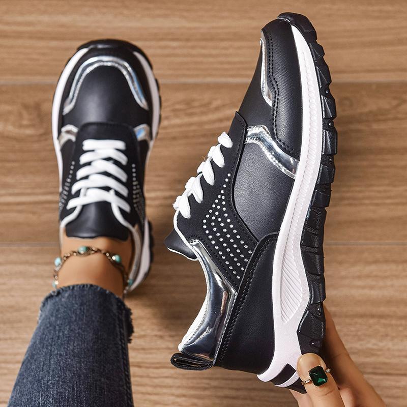 Fashion Pu Leather Platform Sport Shoes Women 2025 Crystal Decor Thick Bottom Sneakers Woman Plus Size Non Slip Casual Walking Shoes 43