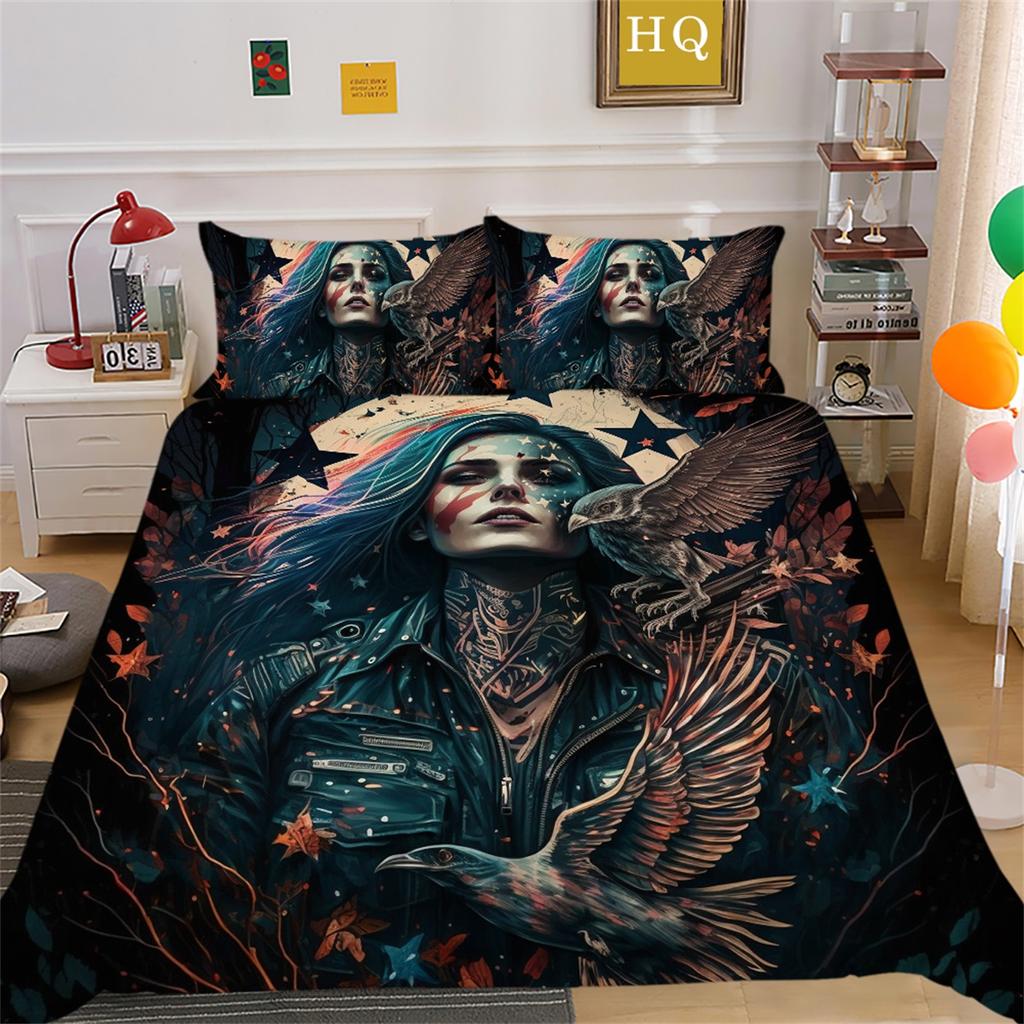 3D Beauty Skull Head Bedding Set Beauty Skull Head Motorcycle Pattern Quilt Cover Pillow Case 2/3 Pieces Microfiber Fabric Full Size Home Decoration