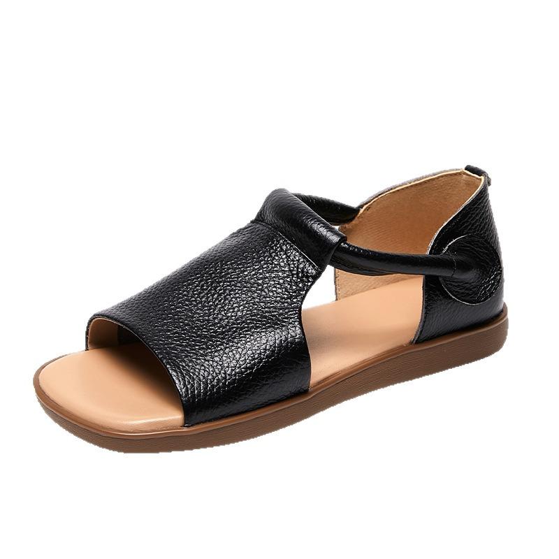 Women's Retro Handmade Flat Sandals, Open Toe with Adjustable Hook and Loop, Comfortable Casual Daily Footwear