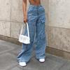 Lässige Streetwear Denim Jeans Damen Patchwork Weites Bein Mom Jeans Große Tasche Cargohose Vintage Hose Übergröße