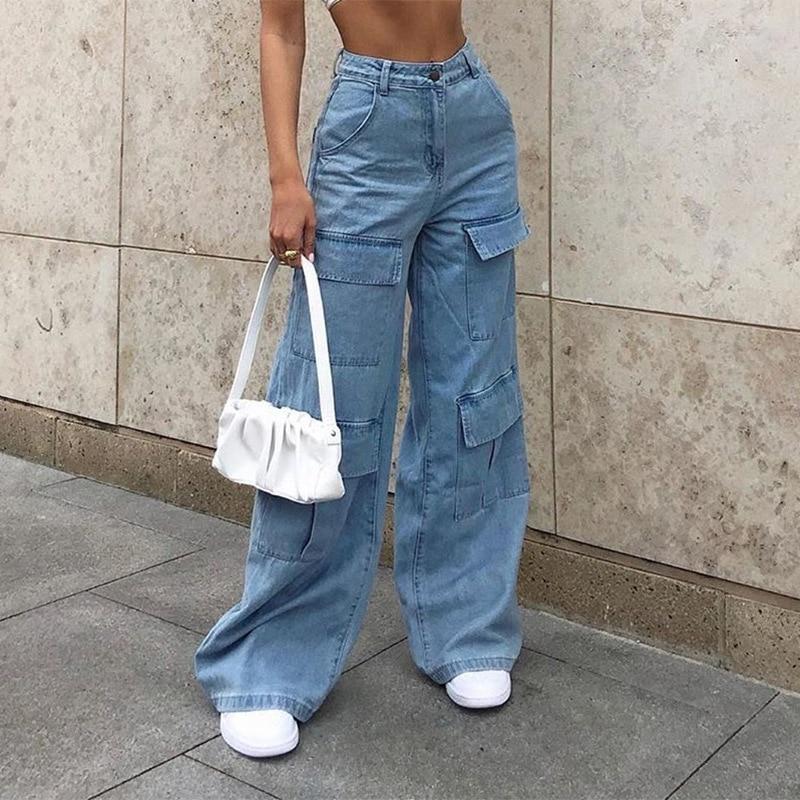 Lässige Streetwear Denim Jeans Damen Patchwork Weites Bein Mom Jeans Große Tasche Cargohose Vintage Hose Übergröße