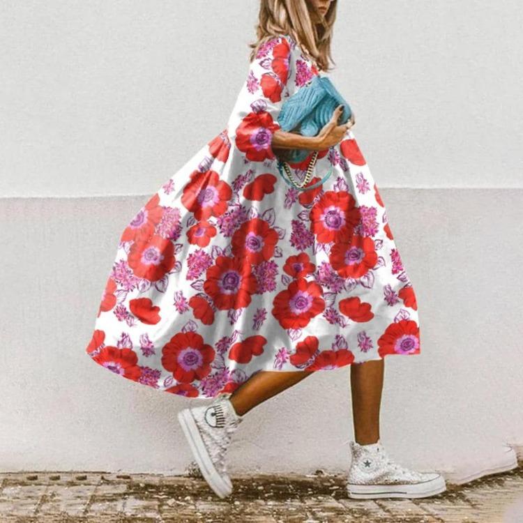 European American Trendy Floral Print Womens Mid Sleeve Dress