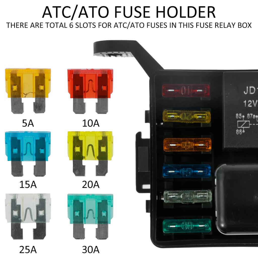 12V Fuse Relay Box 6 Slots 5Pin 4 Pin 40A Professional ATC/ATO Blade Fuses with Metal Terminals Waterproof Car Truck Fuse Box