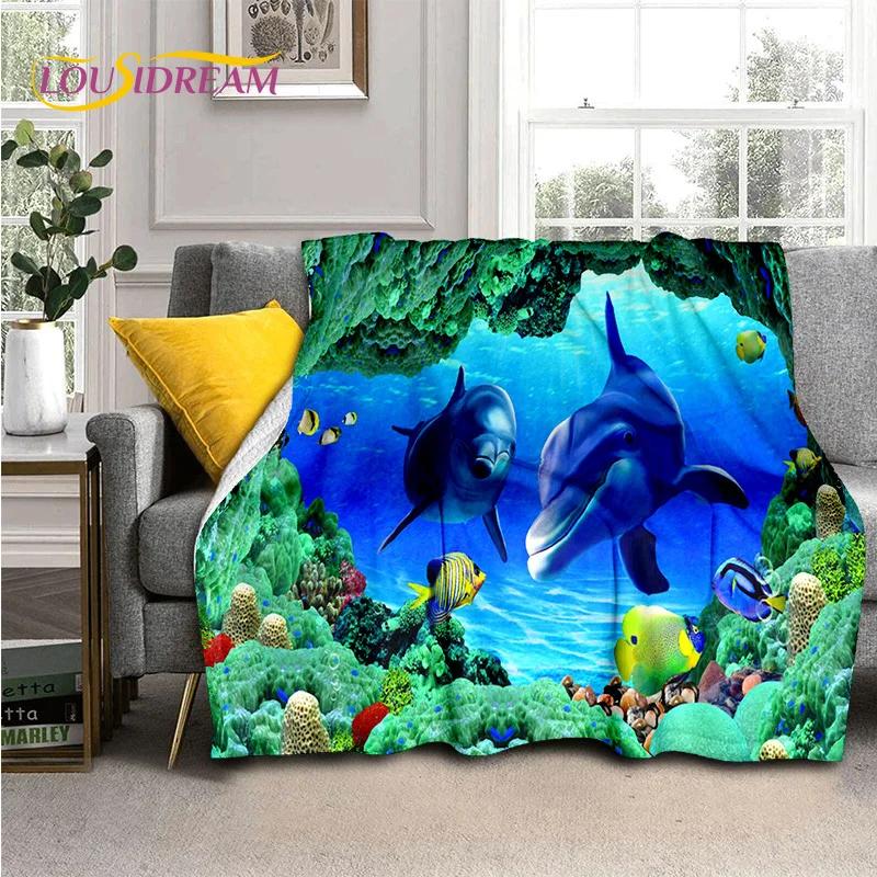 Underwater World 3D Illusion Seabed Cartoon Shark Dolphin Blanket,Soft Throw Blanket for Home Bedroom Bed Sofa Travel Cover Kids