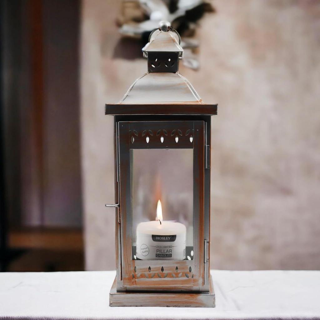 Glass Iron Lantern with One Pillar Candle|Silver Hanging Lantern|Lantern for Home Decoration|Candle Holders for Home Decor|