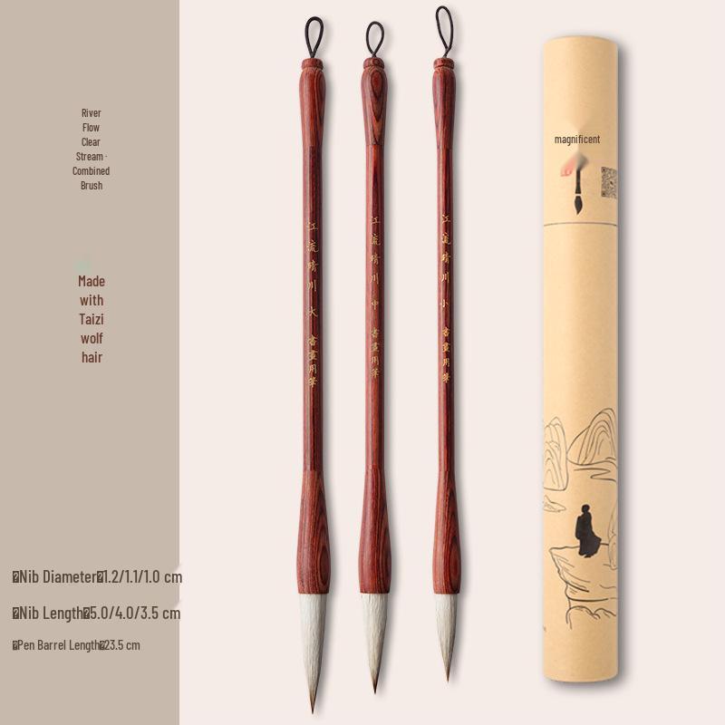Rosewood Multi-Style Calligraphy Brush Set: Bristle, Wolf, Sheep Hair; Seal, Clerical, Running Script; Ou, Liu, Yan, Zhao Styles.