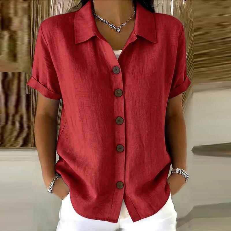 Women's Elegant Summer Cotton Linen Tops Short Sleeve Lapel Button Up Solid Color Loose Shirt Women Casual Blouse Cardigan Tops