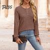 Damen Langarm Tops Geripptes Top, Lockere Freizeitbluse mit Knopf, Einfarbiger Pullover Rundhals-T-Shirt für Frühling Herbst Knopf
