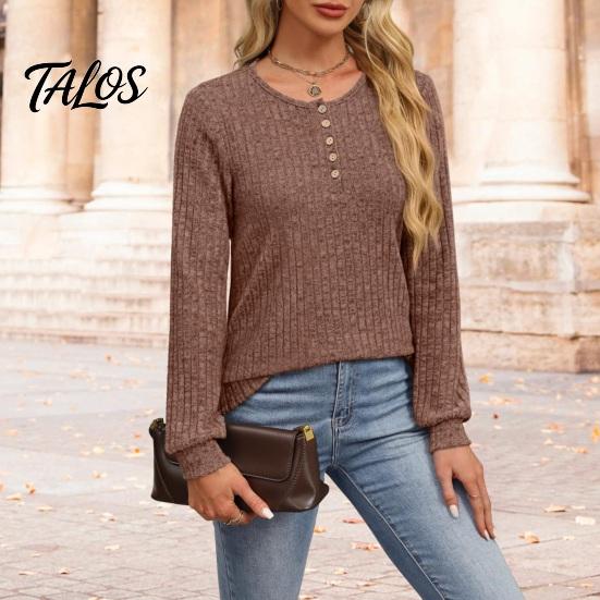 Damen Langarm Tops Geripptes Top, Lockere Freizeitbluse mit Knopf, Einfarbiger Pullover Rundhals-T-Shirt für Frühling Herbst Knopf