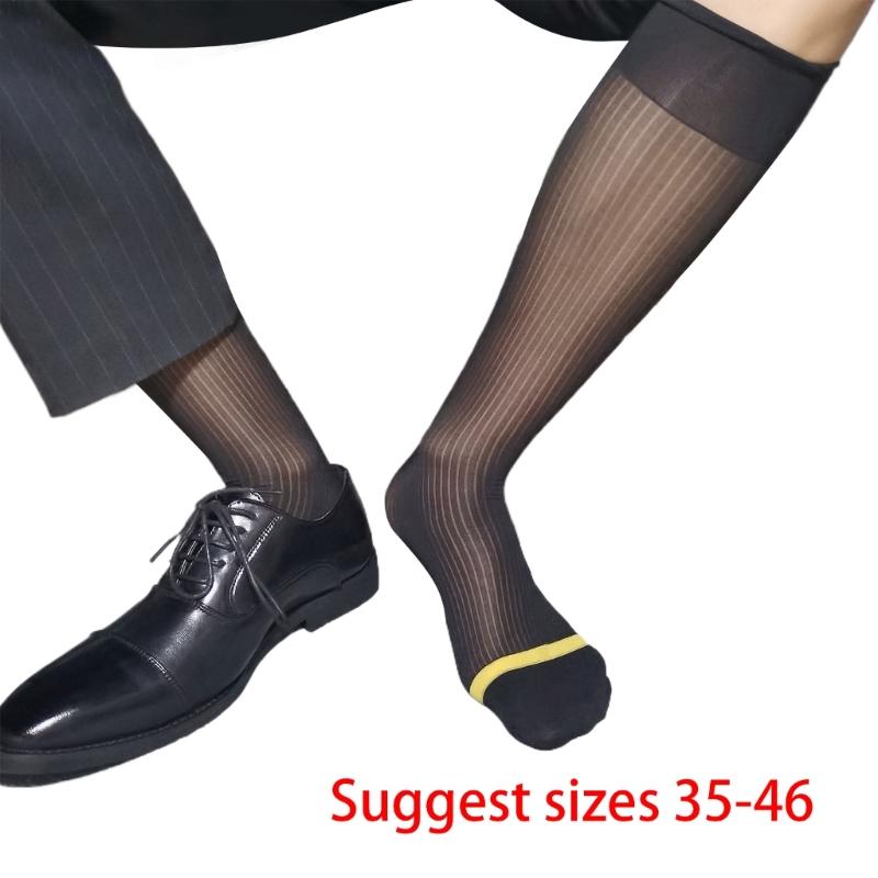 Calzini da uomo sottili e trasparenti in nylon traspirante, calze a righe over the calf per affari