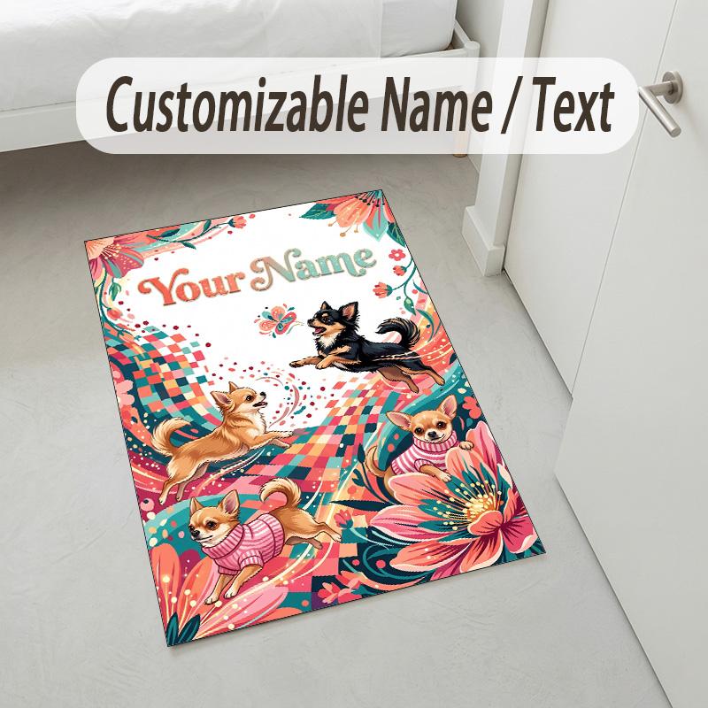 Dog Theme Crystal Velvet Rug Personalized Custom Name Text Soft Floor Mat Home Decor