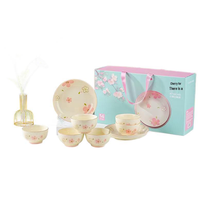 Cherry Blossom Ceramic Tableware: Japanese Bowl & Plate Gift Set