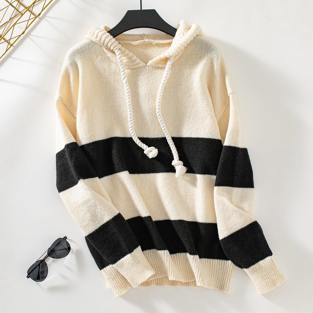 European and American hooded contrast color pullover sweater tops for women autumn and winter loose casual versatile women's sweater tops