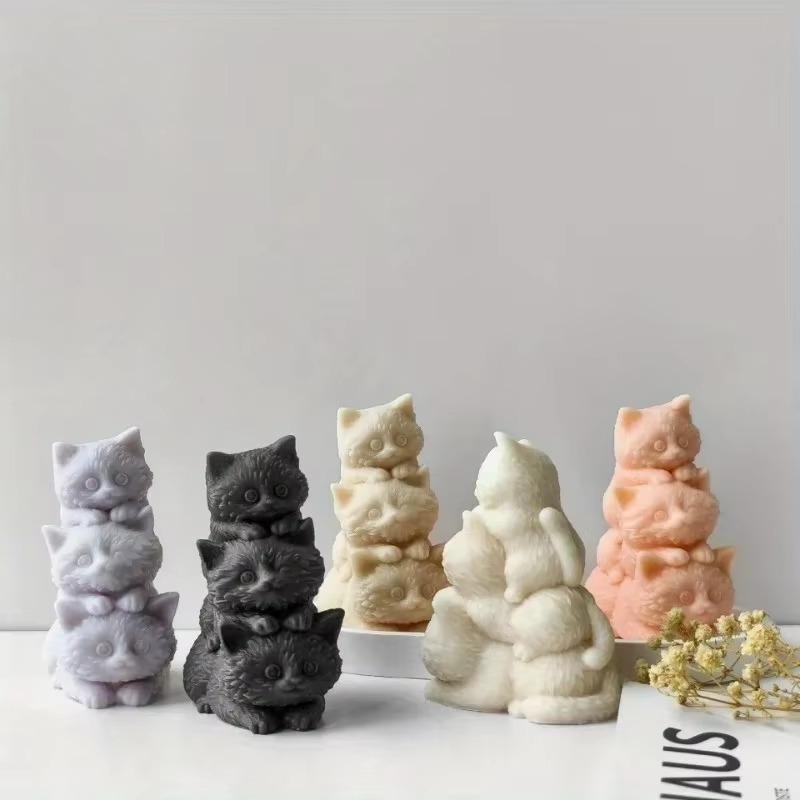 DIY Animal Three Kittens Silicone Mold Stacking Cats Cute Aroma Candle Plaster Ornaments Car Aromatherapy Candle Making Molds