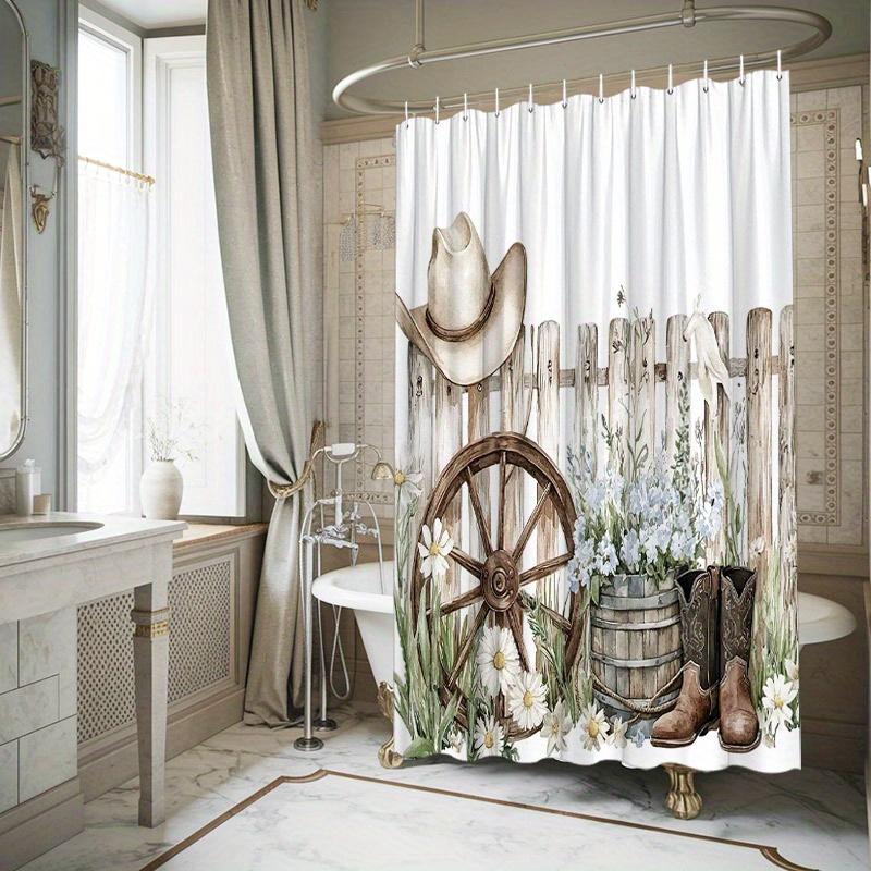 1pc Rustic Western Shower Curtain, Wooden Wagon Wheel & Cowboy Design, Wildflowers Daisies, Durable Bathroom Decor