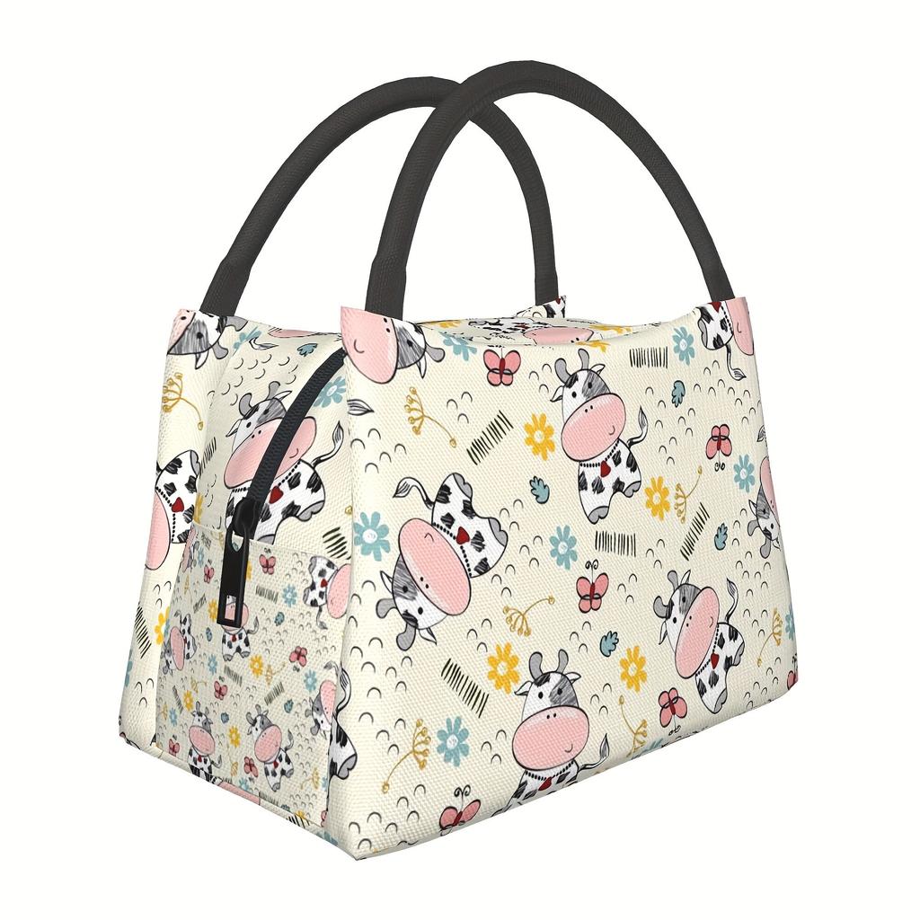 Cute Cow Print Insulated Lunch Bag Durable Polyester Oxford Cooler Tote for Work School Picnic