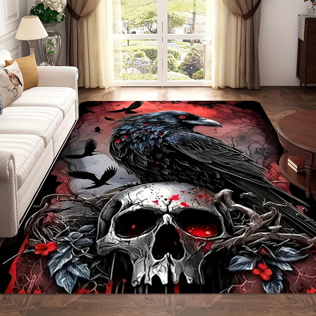 Raven Skull Area Rug - Washable Indoor/Outdoor Carpet for Living Room, Bedroom & Patio, Gothic Home Decor